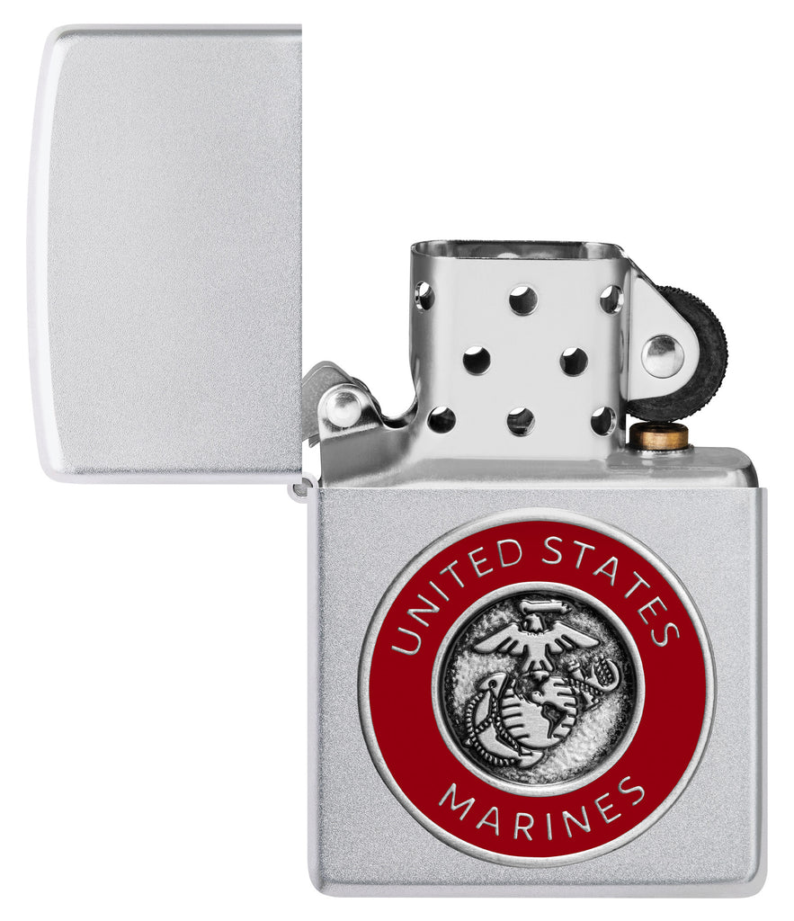 Zippo United States Marines Emblem Satin Chrome Windproof Lighter with its lid open and unlit.