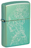 Front shot of Zippo Human Tree Design High Polish Green Windproof Lighter standing at a 3/4 angle.