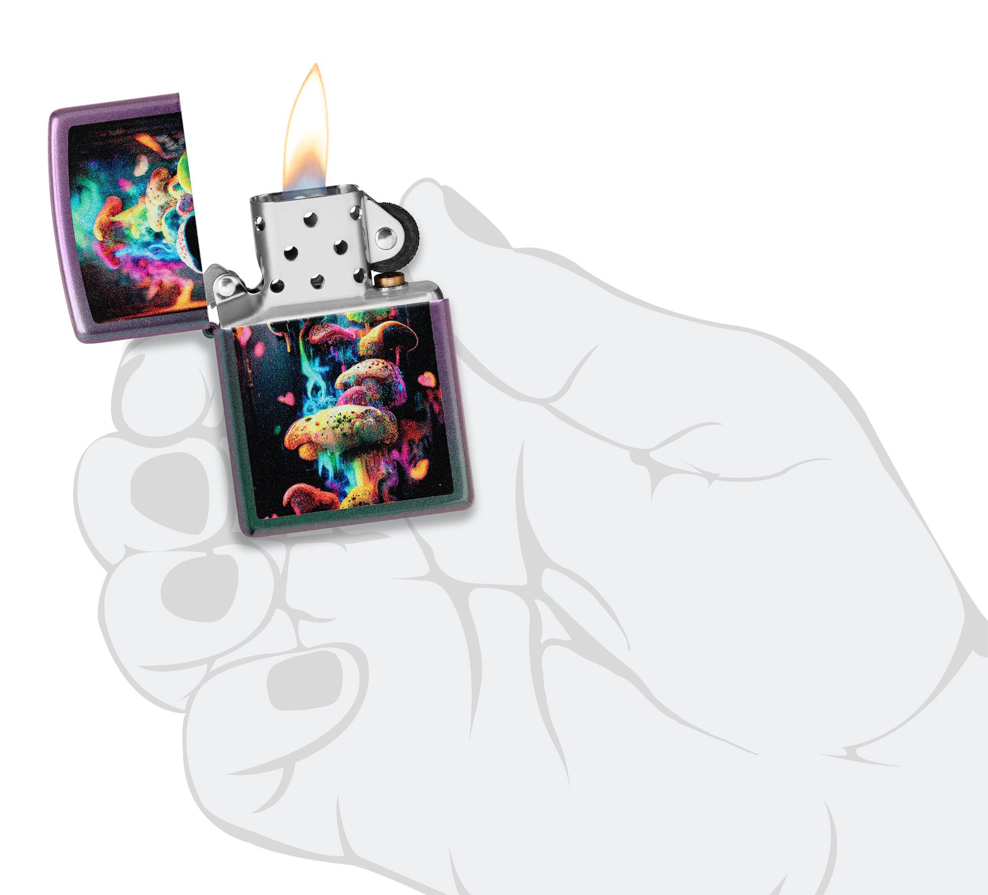 Zippo Mushrooms Design Iridescent Windproof Lighter lit in hand.