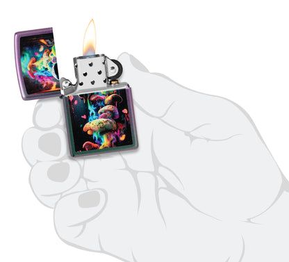 Zippo Mushrooms Design Iridescent Windproof Lighter lit in hand.