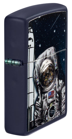 Angled shot of Zippo Space Kitten Navy Matte Windproof Lighter showing texture printed design.
