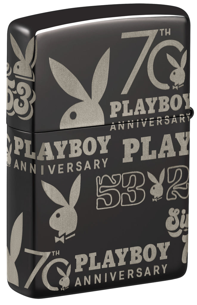 Back shot of Zippo Playboy 70th Anniversary High Polish Black Windproof Lighter standing at a 3/4 angle.