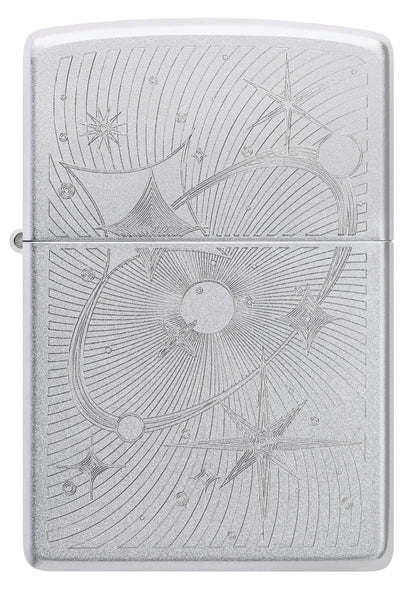 Front view of Zippo Atomic Cosmos Design Satin Chrome Windproof Lighter.