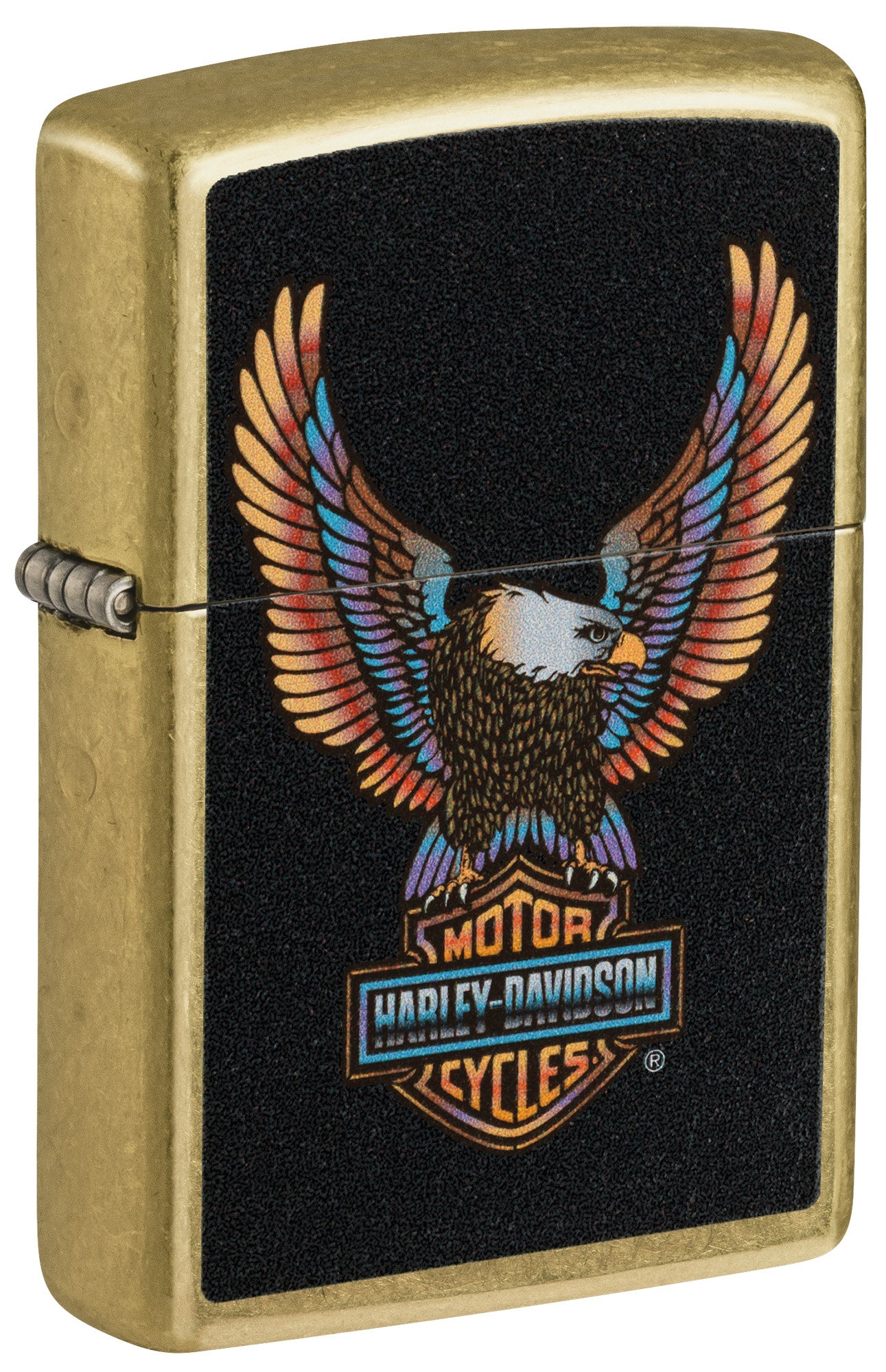 Front shot of Zippo Harley-DavidsonÂ® Eagle Street Brass Windproof Lighter standing at a 3/4 angle.