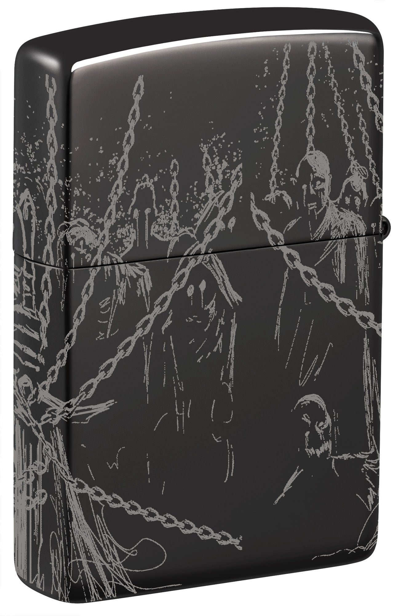 Back shot of Zippo Skull King Design High Polish Black Windproof Lighter standing at a 3/4 angle.