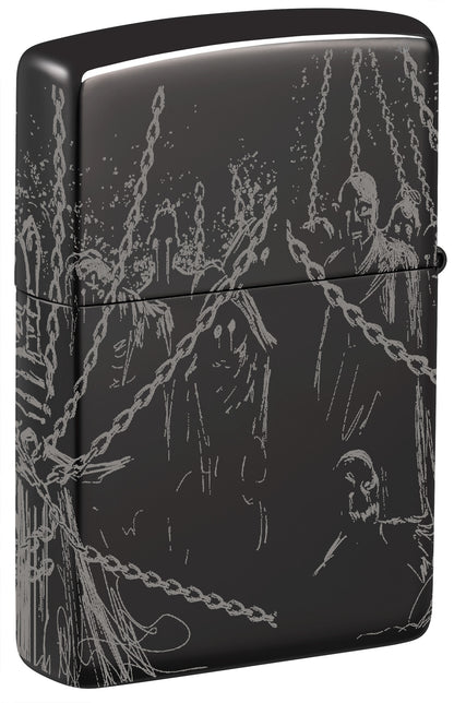 Back shot of Zippo Skull King Design High Polish Black Windproof Lighter standing at a 3/4 angle.