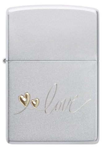 Front view of Zippo Love Design Satin Chrome Windproof Lighter.