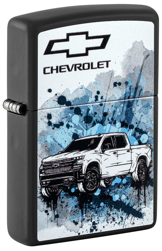 Front shot of Zippo Chevrolet Black Matte Pocket Lighter standing at a 3/4 angle.