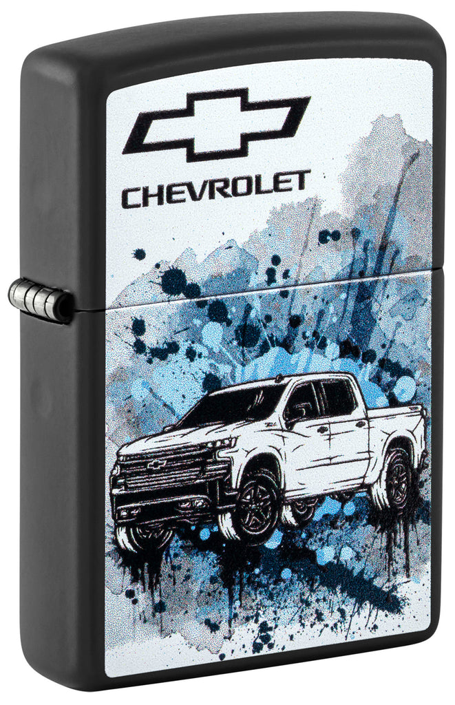 Front shot of Zippo Chevrolet Black Matte Pocket Lighter standing at a 3/4 angle.