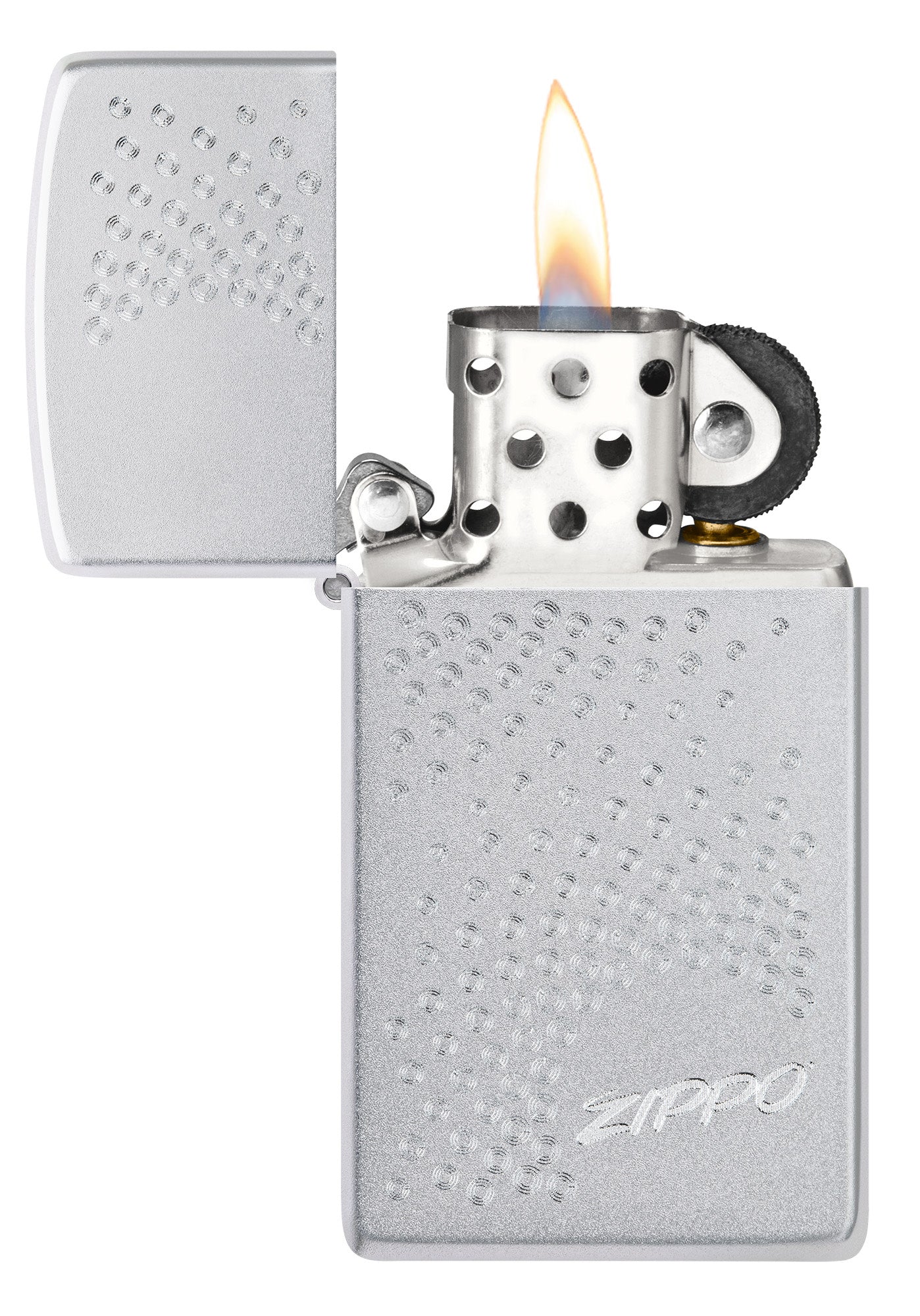 SlimÂ® Zippo Dot Design Satin Chrome Windproof Lighter with its lid open and lit.
