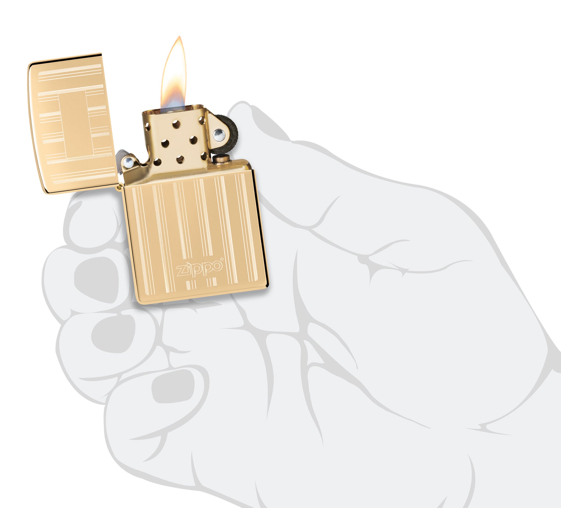 Zippo Design High Polish Brass Windproof Lighter lit in hand.