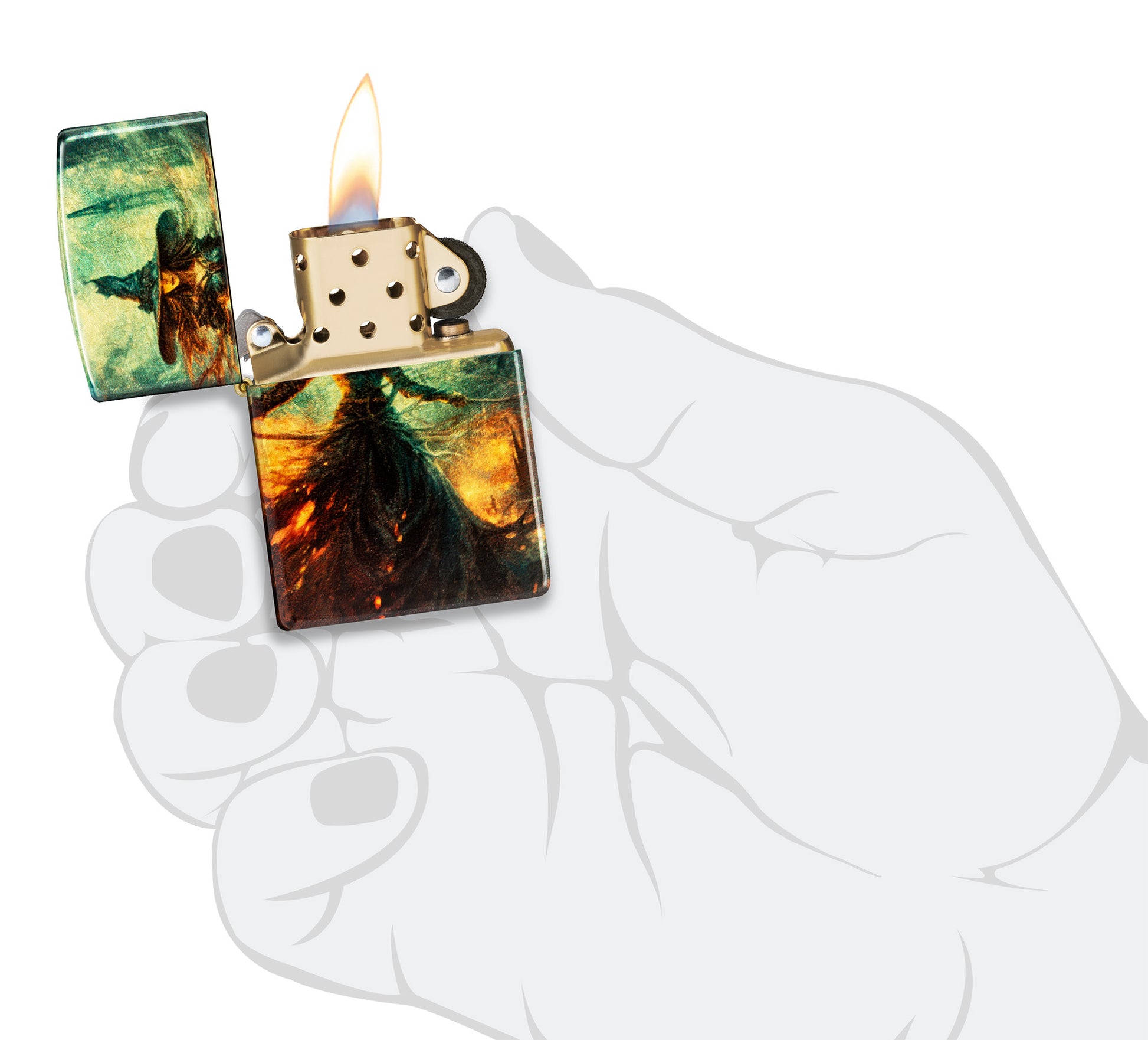 Zippo Fire Mage Design 540 Tumbled Brass Windproof Lighter lit in hand.