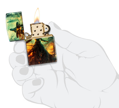Zippo Fire Mage Design 540 Tumbled Brass Windproof Lighter lit in hand.