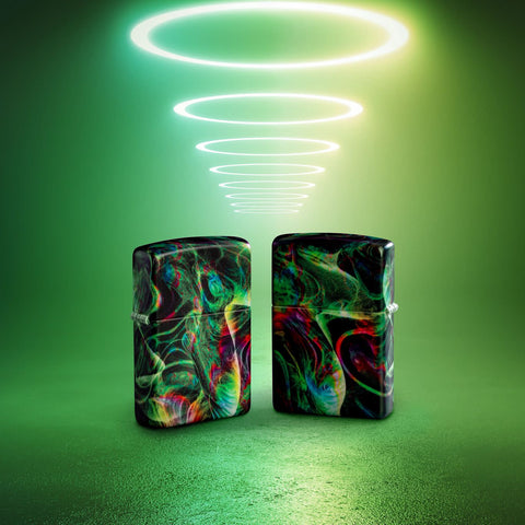 Lifestyle image of two Zippo Psychedelic Swirl Design Glow in the Dark Green Matte Windproof Lighters with glowing green ovals above.