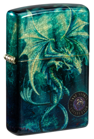 Front view of Zippo Anne Stokes Collection 540 Tumbled Brass Windproof Lighter standing at a 3/4 angle.