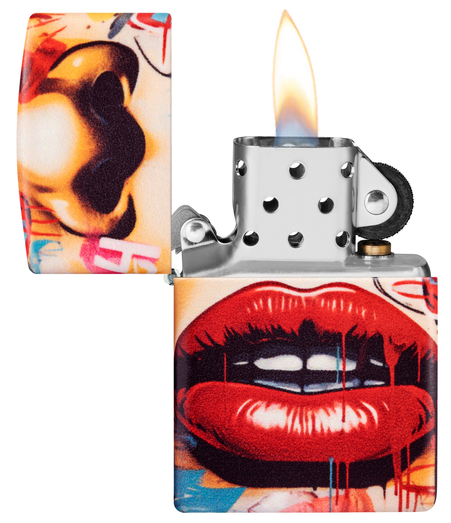Zippo Street Art Design 540 Matte Windproof Lighter with its lid open and lit.