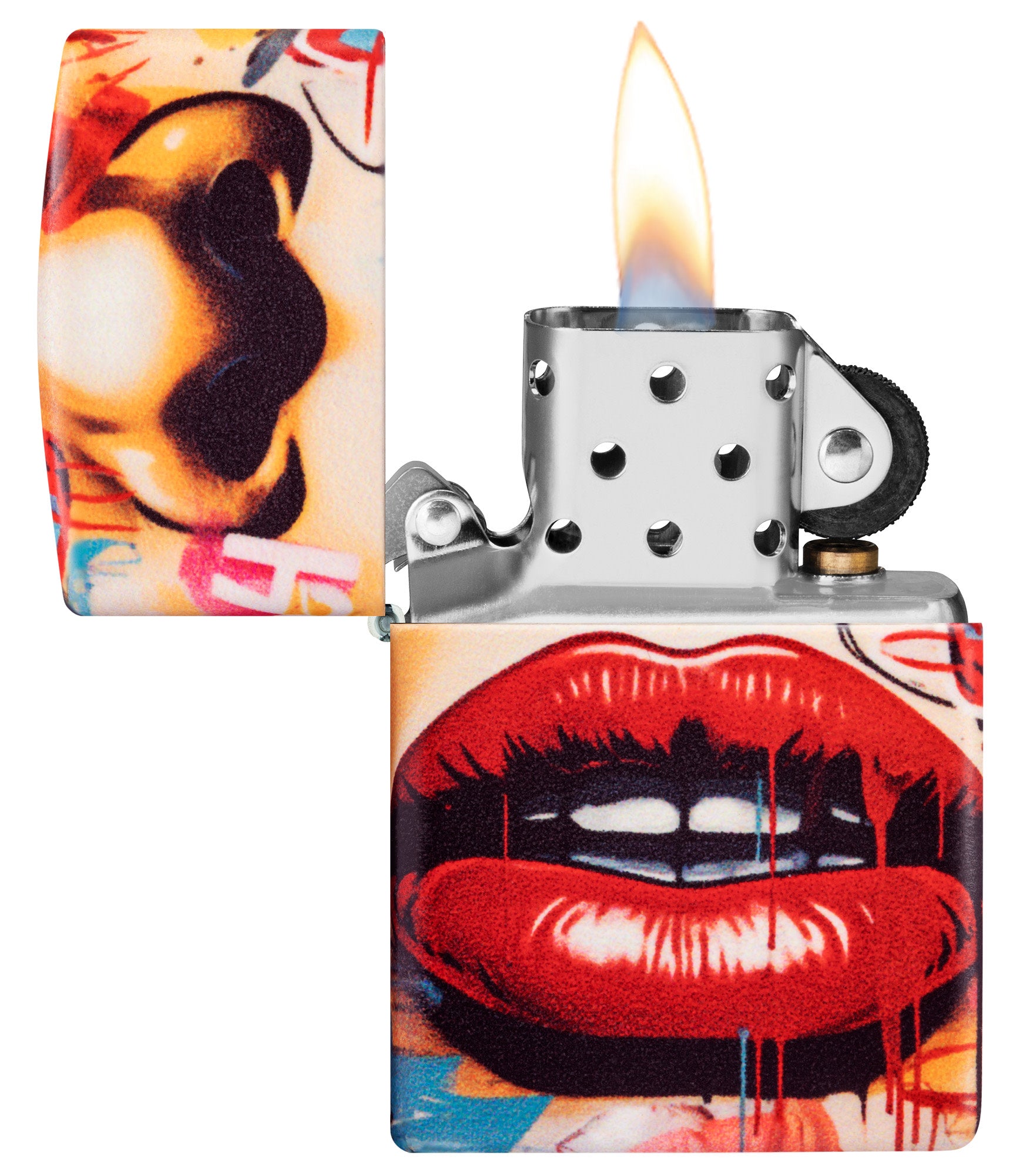 Zippo Street Art Design 540 Matte Windproof Lighter with its lid open and lit.