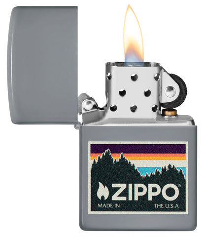 Outdoor Zippo Logo Design Flat Grey Windproof Lighter with its lid open and lit.