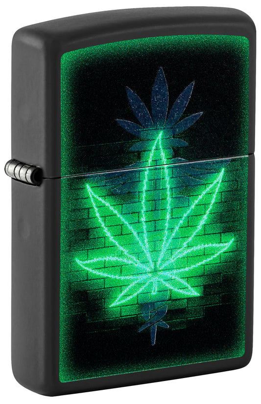 Front shot of Zippo Gleaming Leaf Design Black Matte Windproof Lighter standing at a 3/4 angle.