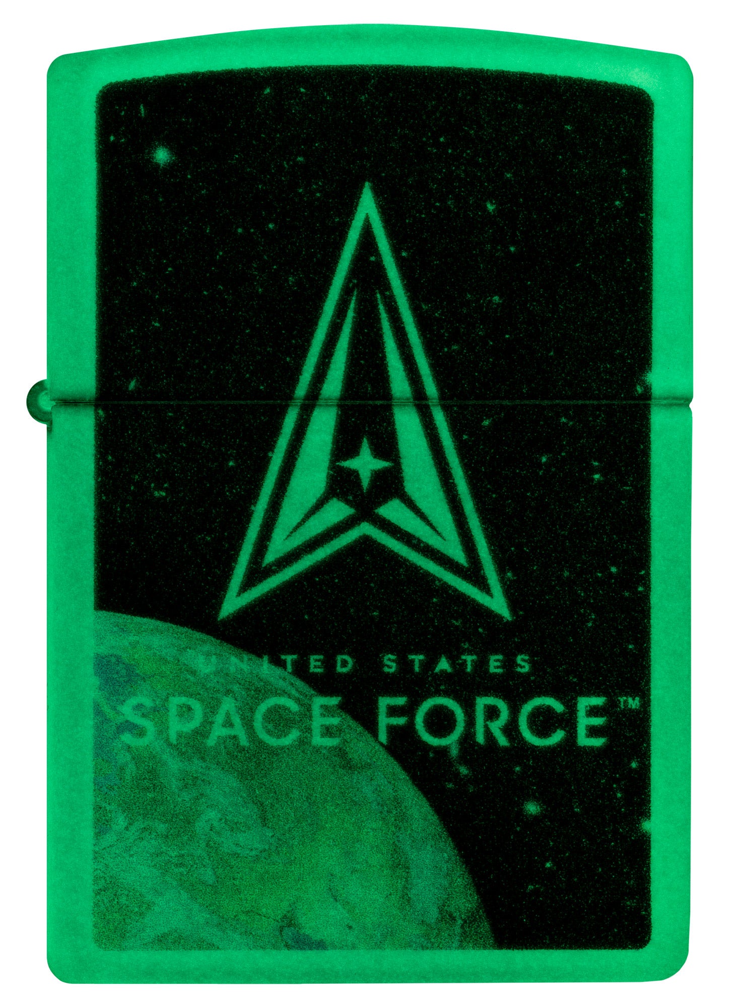 Front view of Zippo U.S. Space Forceâ„¢ Glow in the Dark Windproof Lighter glowing in the dark.