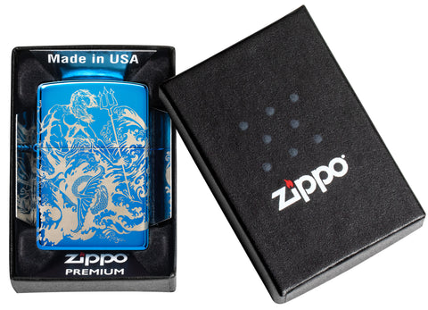 Zippo Atlantis Design High Polish Blue Windproof Lighter in its packaging.