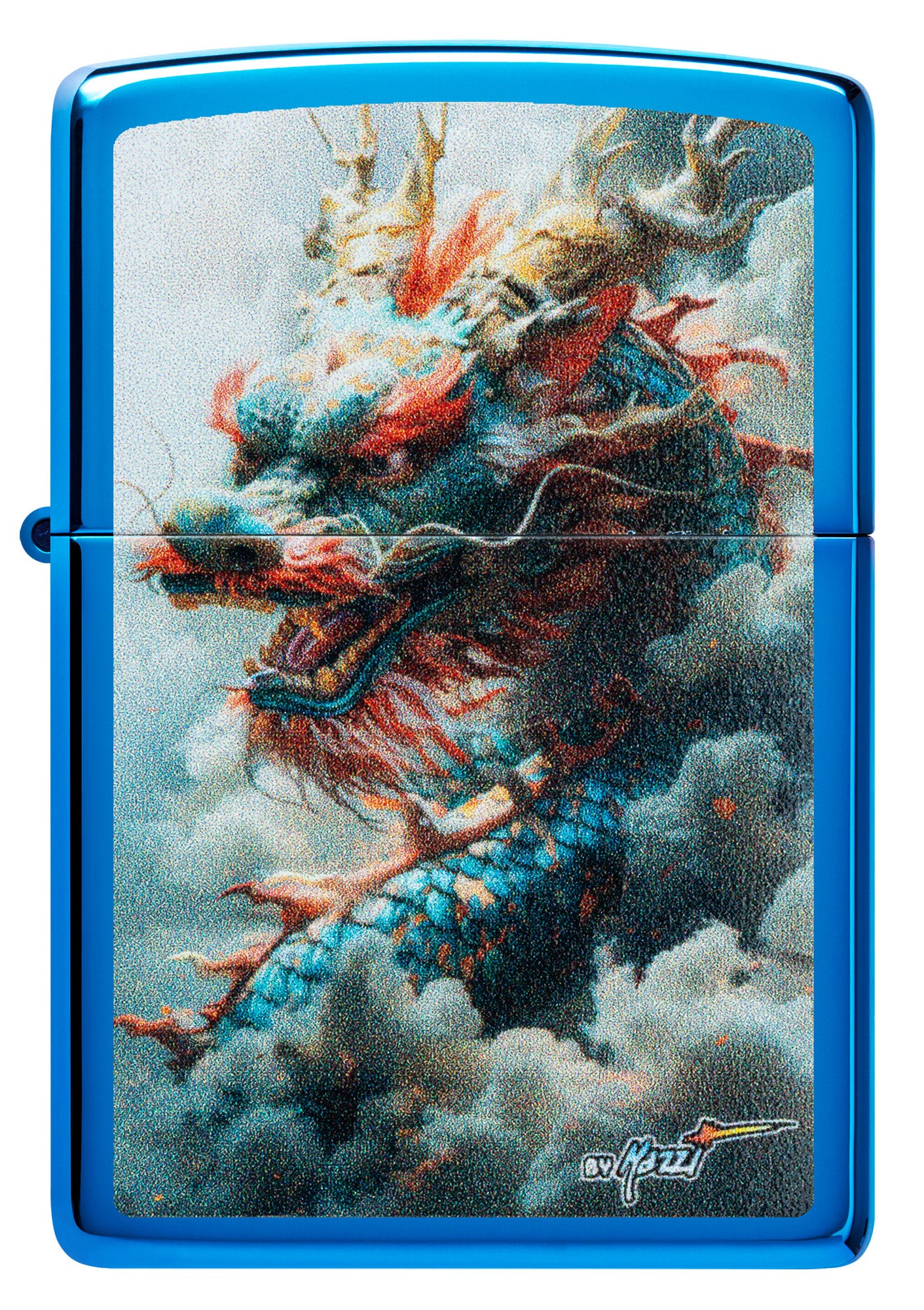 Front view of Zippo MazziÂ® Dragon Design High Polish Blue Windproof Lighter.