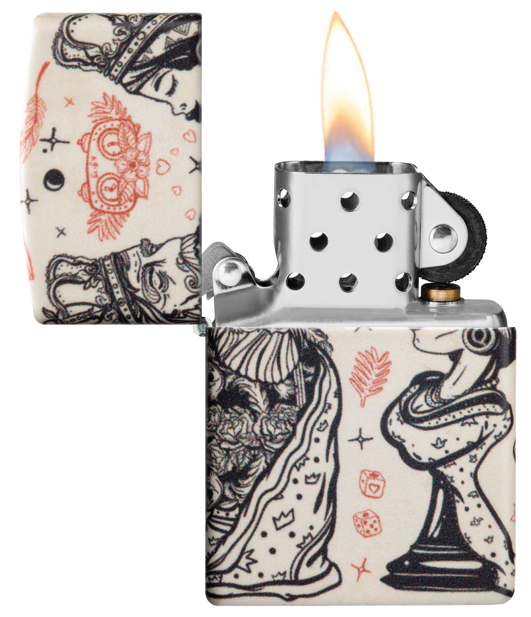 Zippo Checkmate Design 540 Matte Windproof Lighter with its lid open and lit.