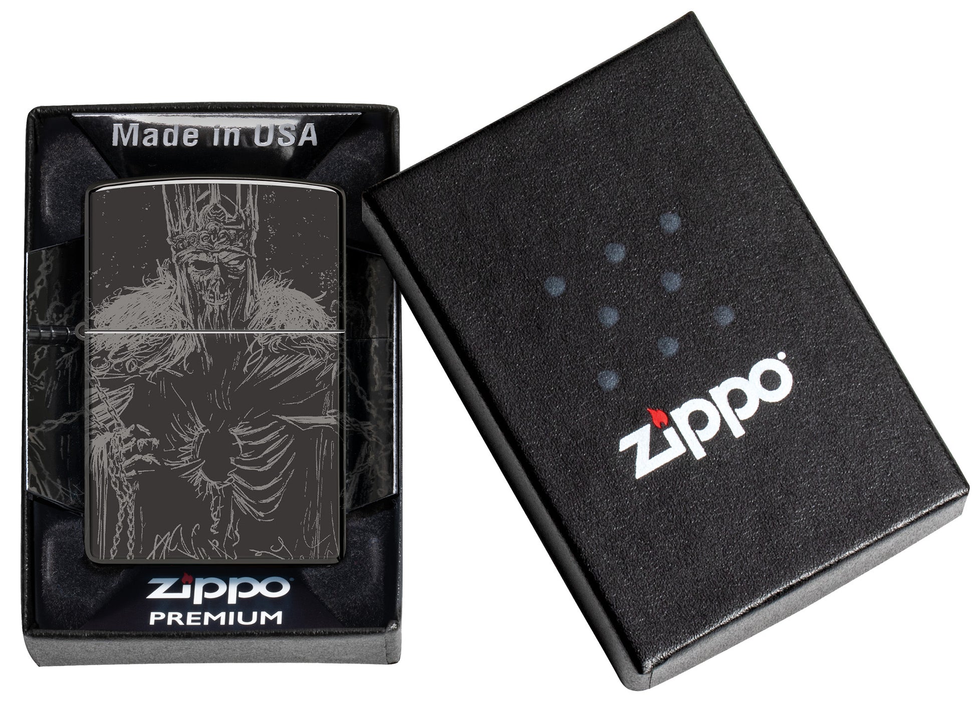 Zippo Skull King Design High Polish Black Windproof Lighter in its packaging.