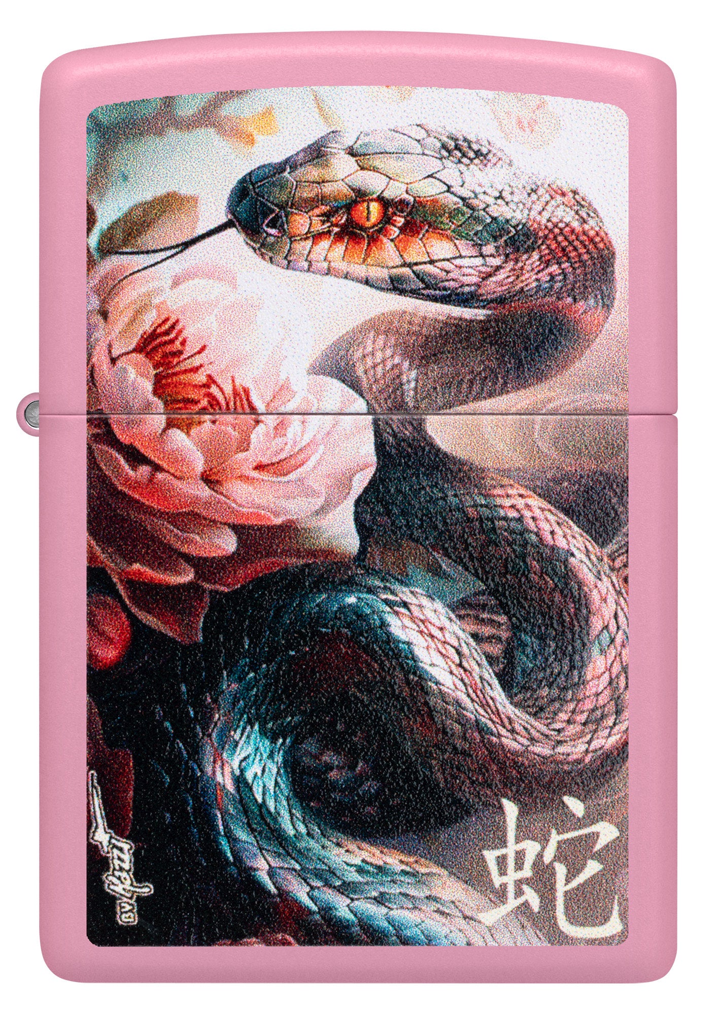Front view of Zippo MazziÂ® Snake and Flower Design Pink Matte Windproof Lighter.