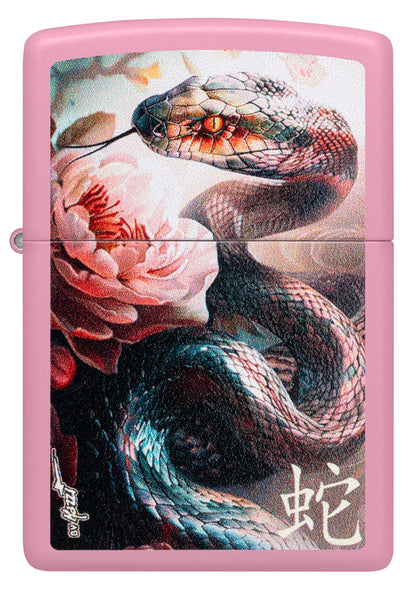 Front view of Zippo MazziÂ® Snake and Flower Design Pink Matte Windproof Lighter.