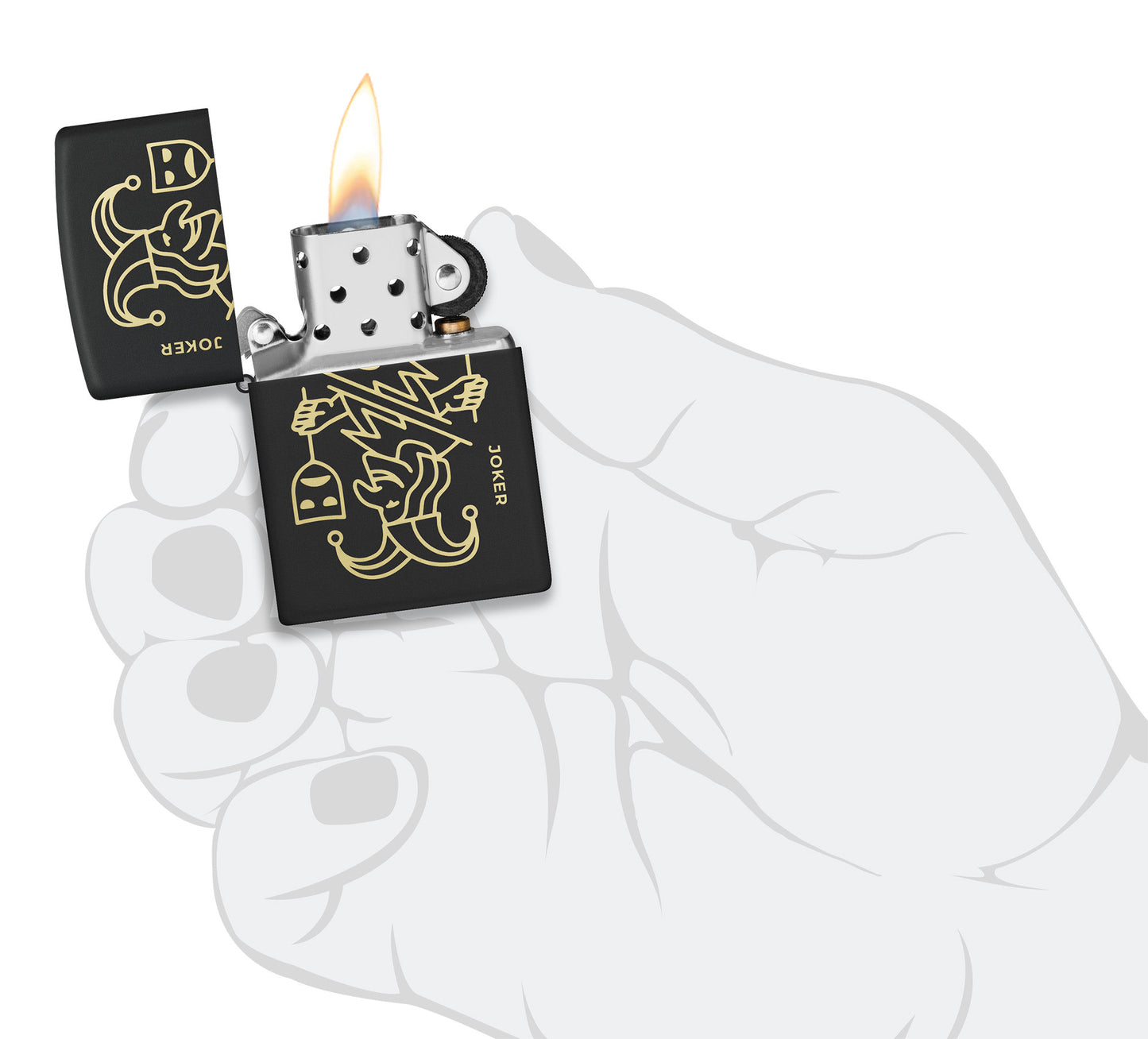 Zippo Masked Joker Design Black Matte Windproof Lighter lit in hand.