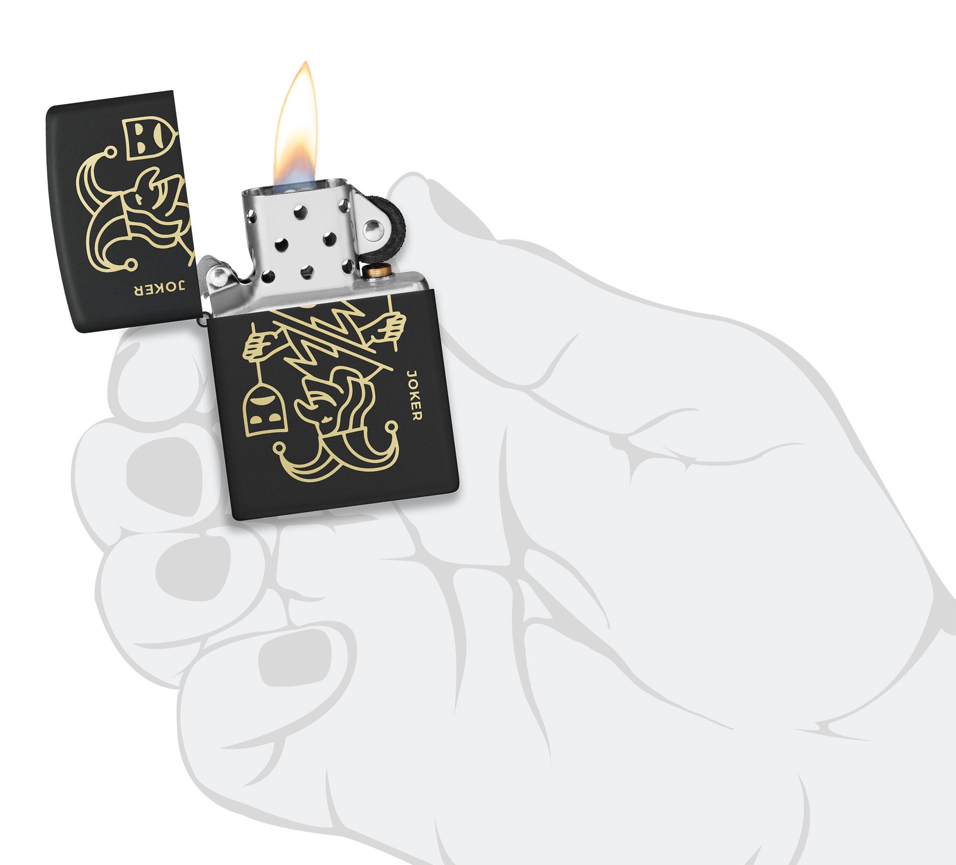 Zippo Masked Joker Design Black Matte Windproof Lighter lit in hand.