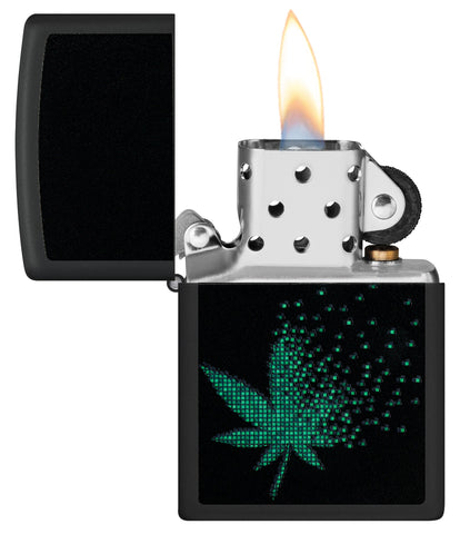 Zippo Black Light Pixel Cannabis Design Black Matte Windproof Lighter with its lid open and lit.