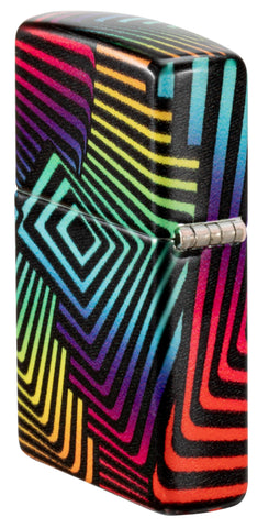 Angled shot of Zippo Rainbow Pattern Design 540 Color Windproof Lighter, showing the back and hinge side of the lighter.