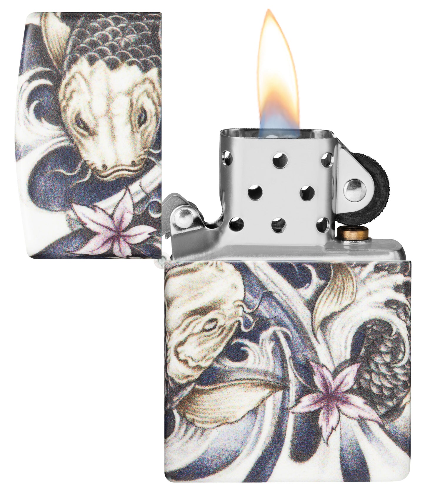 Koi Fish 540 Color Windproof Lighter with its lid open and lit.
