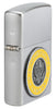 Angled shot of Zippo United States Army® Emblem Satin Chrome Windproof Lighter showing the hinge side and front of the lighter.