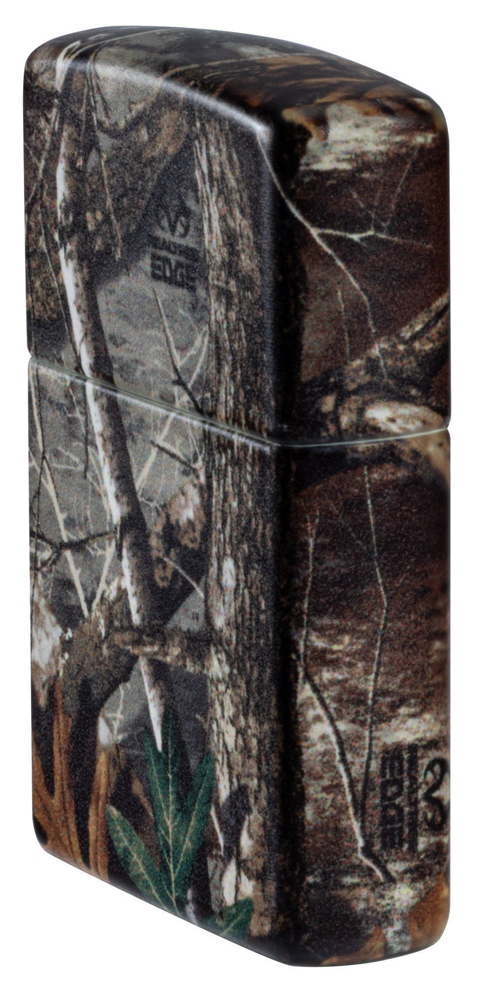 Angled shot of Zippo RealtreeÂ® EDGEâ„¢ Camo Design 540 Matte Windproof Lighter showing the front and right sides of the lighter.