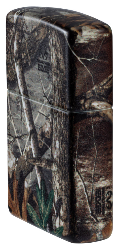 Angled shot of Zippo RealtreeÂ® EDGEâ„¢ Camo Design 540 Matte Windproof Lighter showing the front and right sides of the lighter.