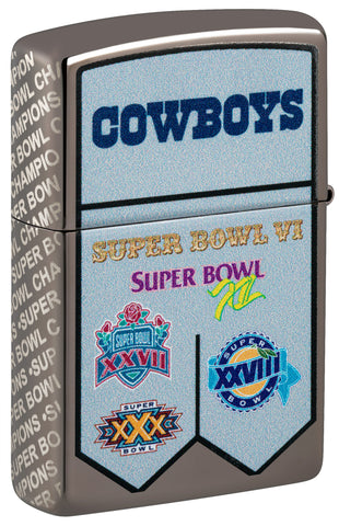 Back shot of Zippo NFL Dallas Cowboys Super Bowl Commemorative Armor Black Ice Windproof Lighter standing at a 3/4 angle.