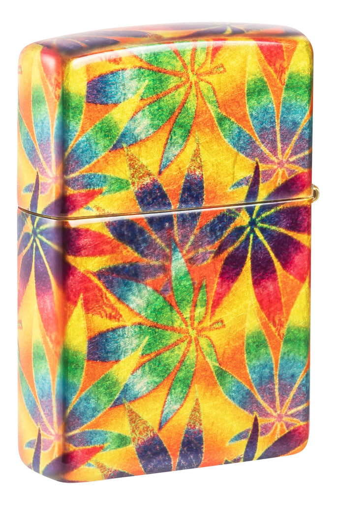 Back shot of Zippo Cannabis Design 540 Tumbled Brass Windproof Lighter standing at a 3/4 angle.