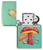 Zippo Mystical Frog Design High Polish Green Windproof Lighter with its lid open and unlit.