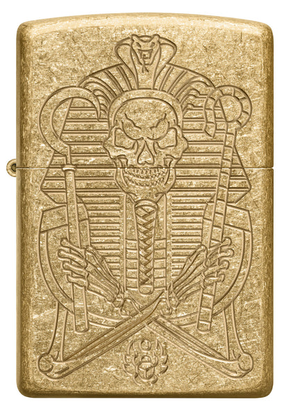 Front shot of Zippo Mummy Design ArmorÂ® Tumbled Brass Windproof Lighter.
