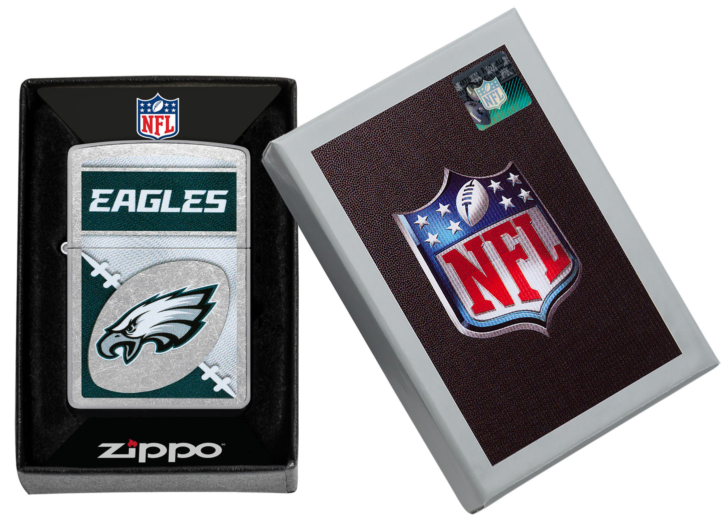 Zippo NFL Philadelphia Eagles Street Chrome Windproof Lighter in its packaging.