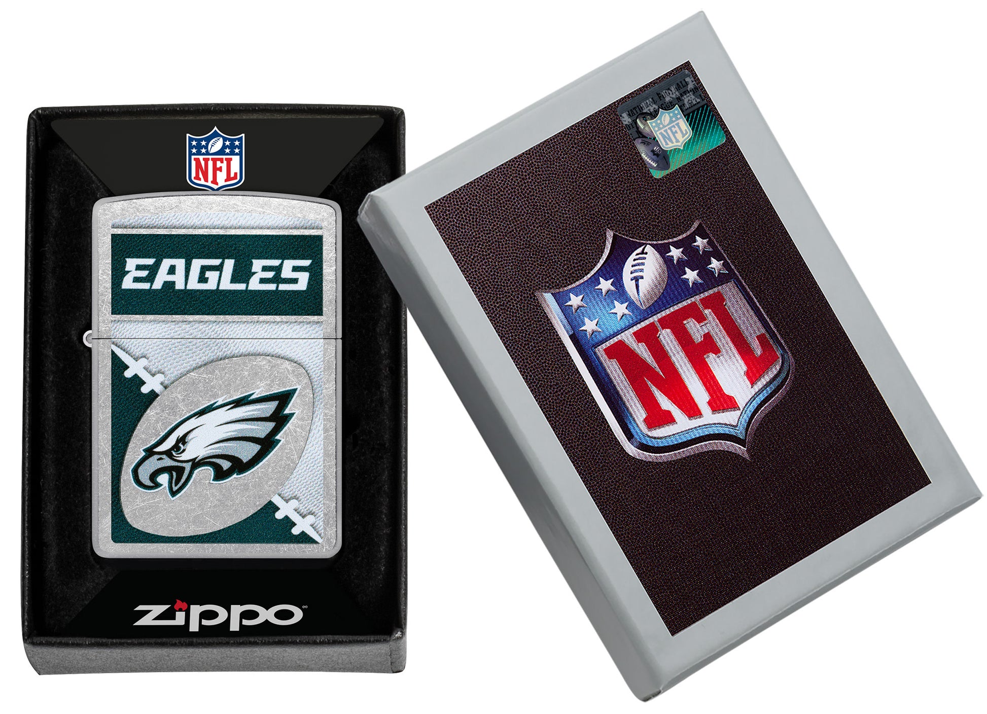 Zippo NFL Philadelphia Eagles Street Chrome Windproof Lighter in its packaging.