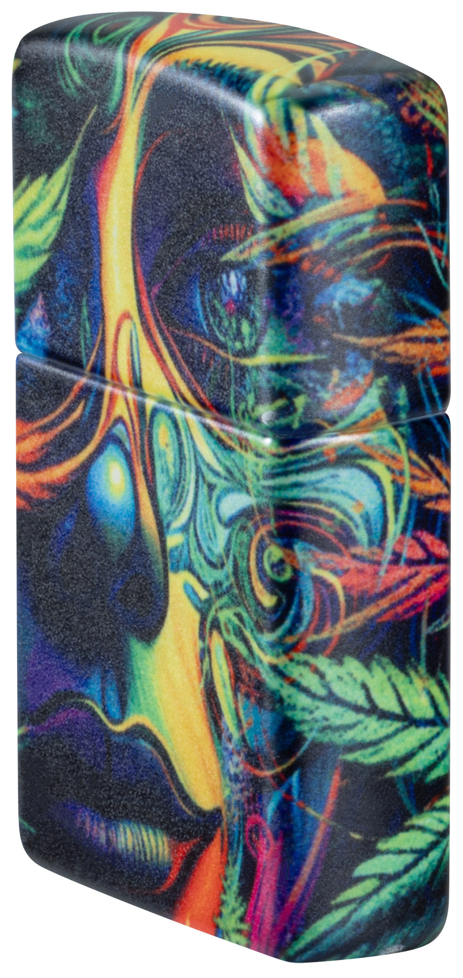 Angled shot of Zippo Cannabis Camo Design 540 Matte Windproof Lighter showing  the front and right sides of the lighter.