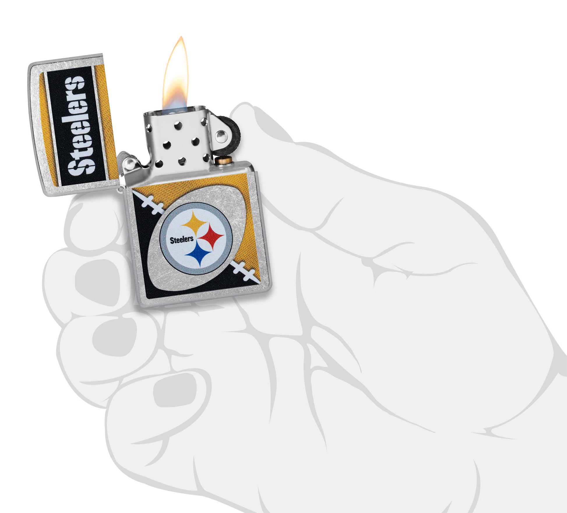 Zippo NFL Pittsburgh Steelers Street Chrome Windproof Lighter lit in hand.
