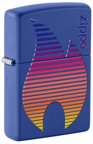 Front view of Zippo Design Royal Blue Matte Windproof Lighter standing at a 3/4 angle.