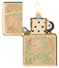 Zippo Dragonfly Wing Design High Polish Brass Windproof Lighter with its lid open and lit.