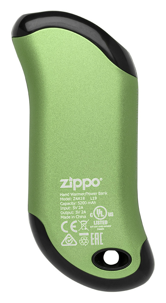 Back of Green HeatBankÂ® 9s Rechargeable Gaming Hand Warmers