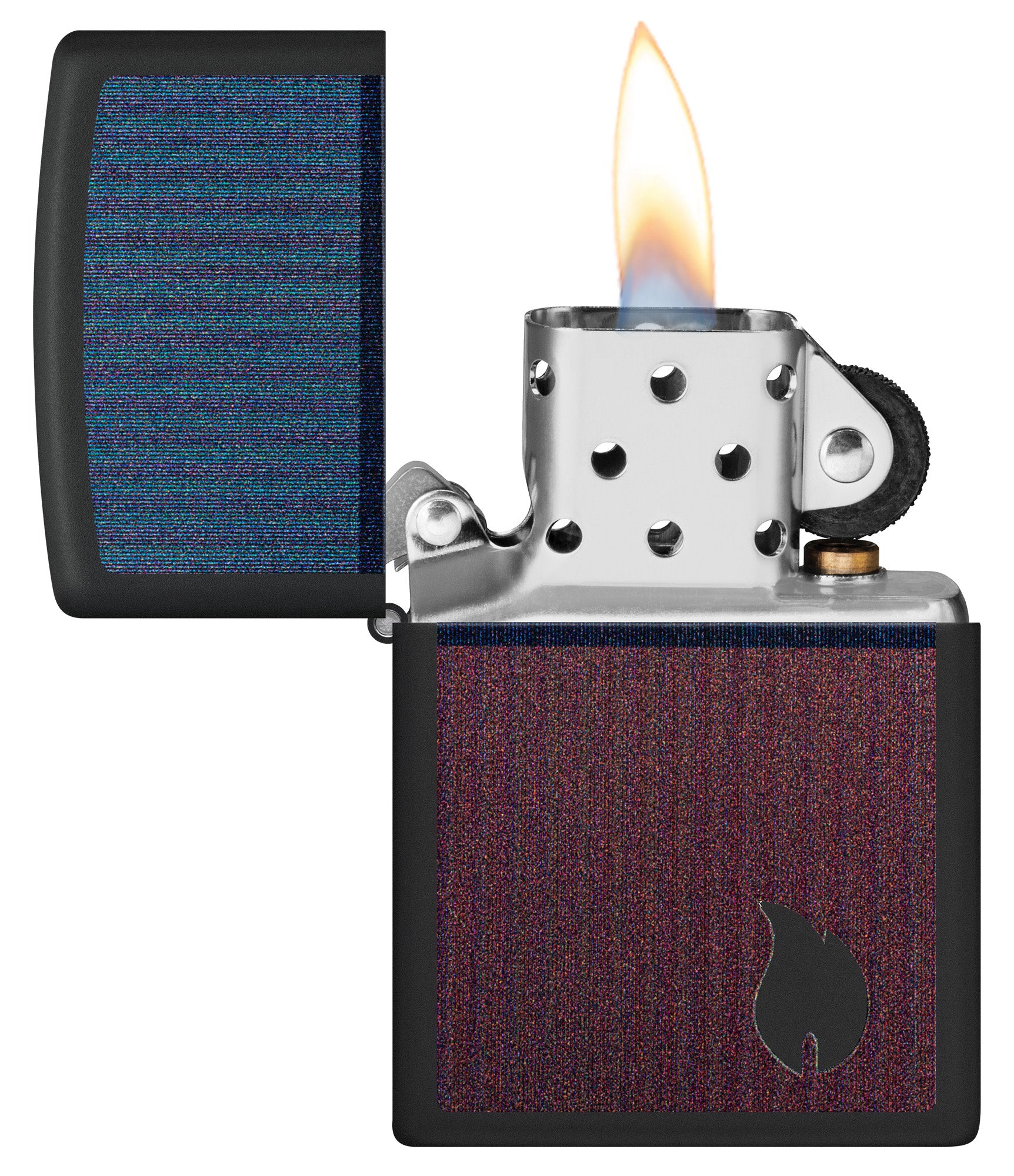 Zippo Color Block Flame Design Black Matte Windproof Lighter with its lid open and lit.